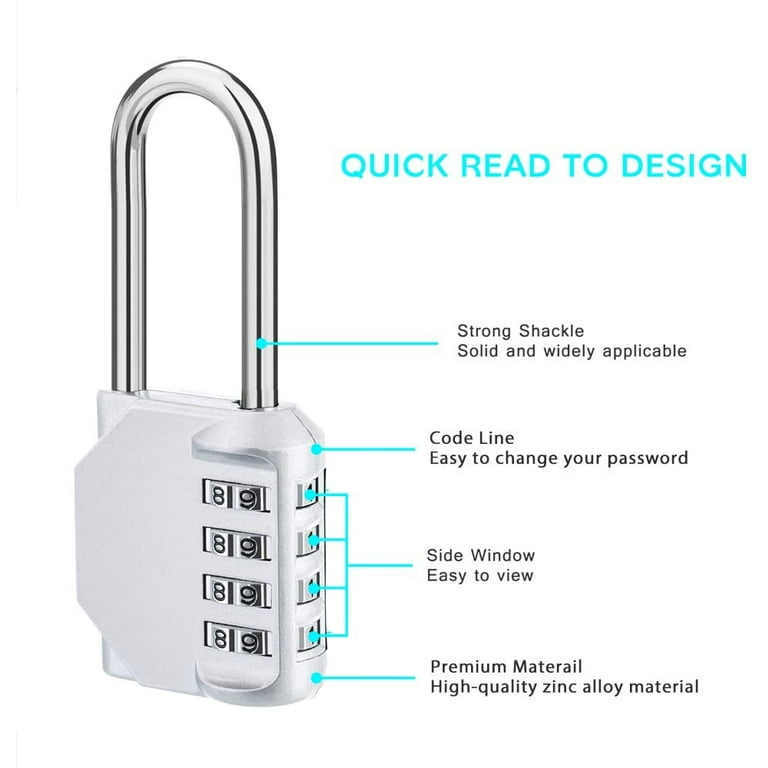 4 Digit Combination Lock 2.2 Inch Long Shackle and Outdoor Waterproof Resettable Padlock for Gym Locker Hasp Cabinet Gate Fence School Silver