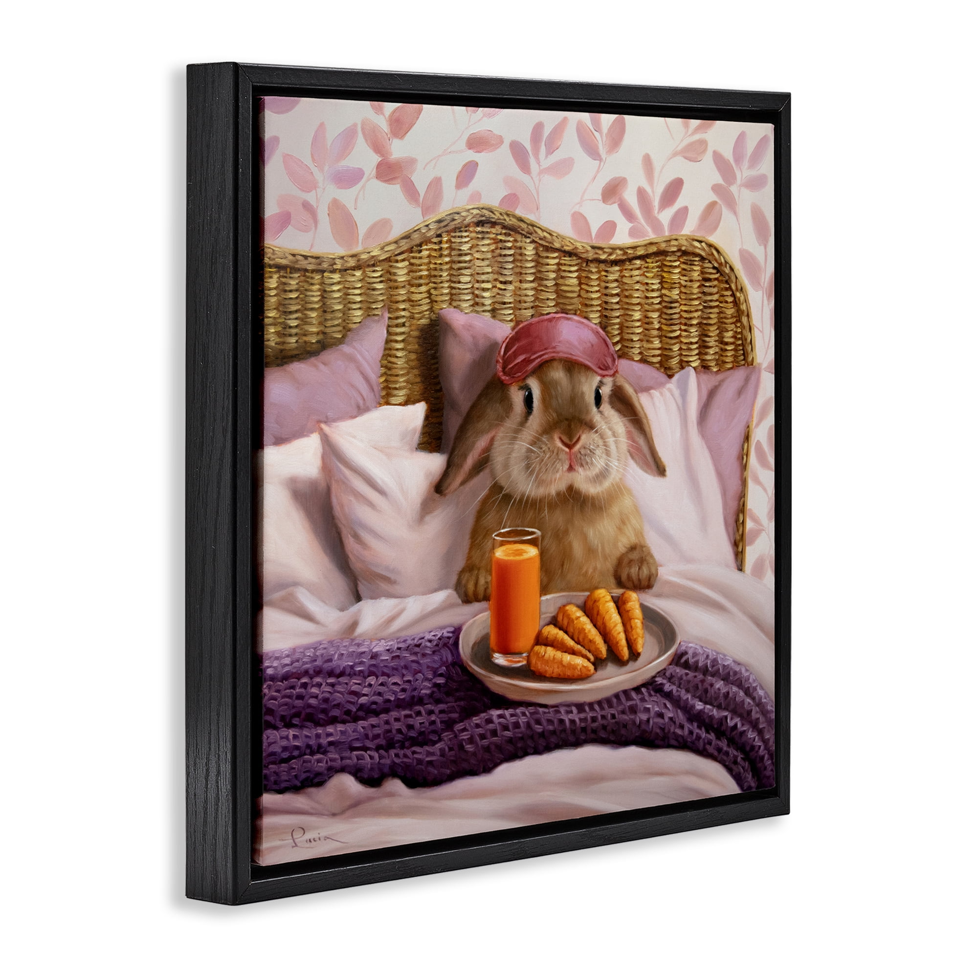 Stupell Industries Hoppy Meal Bunny in Bed Black Framed Floater Canvas Wall Art, design by Lucia Heffernan