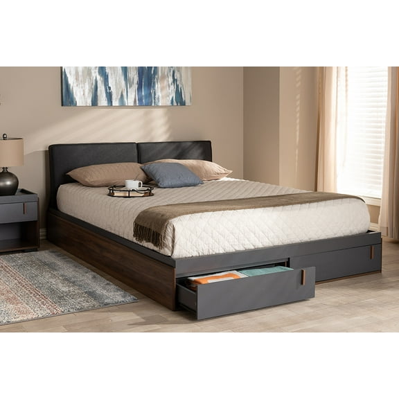 Baxton Studio Rikke Modern and Contemporary Two-Tone Gray and Walnut Finished Wood Queen Size Platform Storage Bed with Gray Fabric Upholstered Headboard