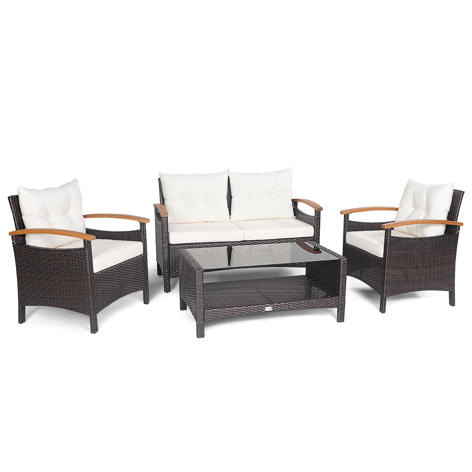 Costway 4PCS Patio Rattan Conversation Set Cushioned Sofa Storage Table Off White