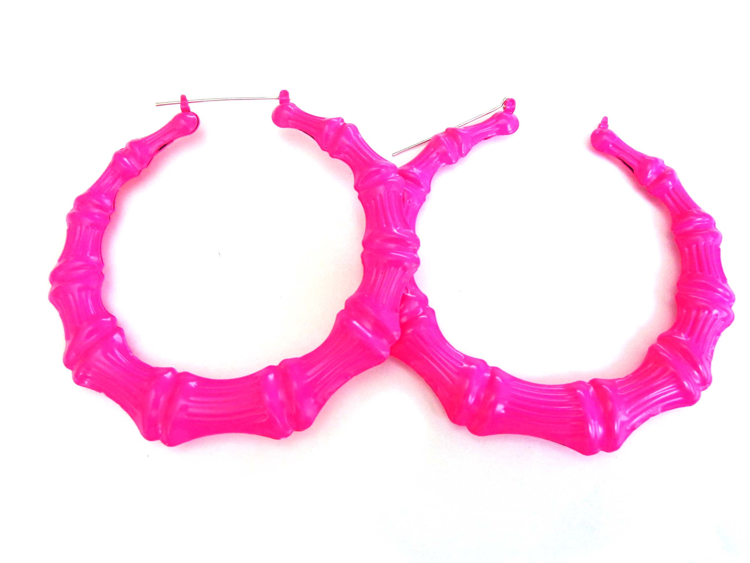 Large Hot Pink Bamboo Hoop Earrings 4 inch Hoops