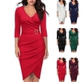 thumbnail image 3 of CENL Women Elegant Bodycon Dress Long Sleeve V Neck Slim Fit Work Robe OL Wrap Dress, 3 of 9