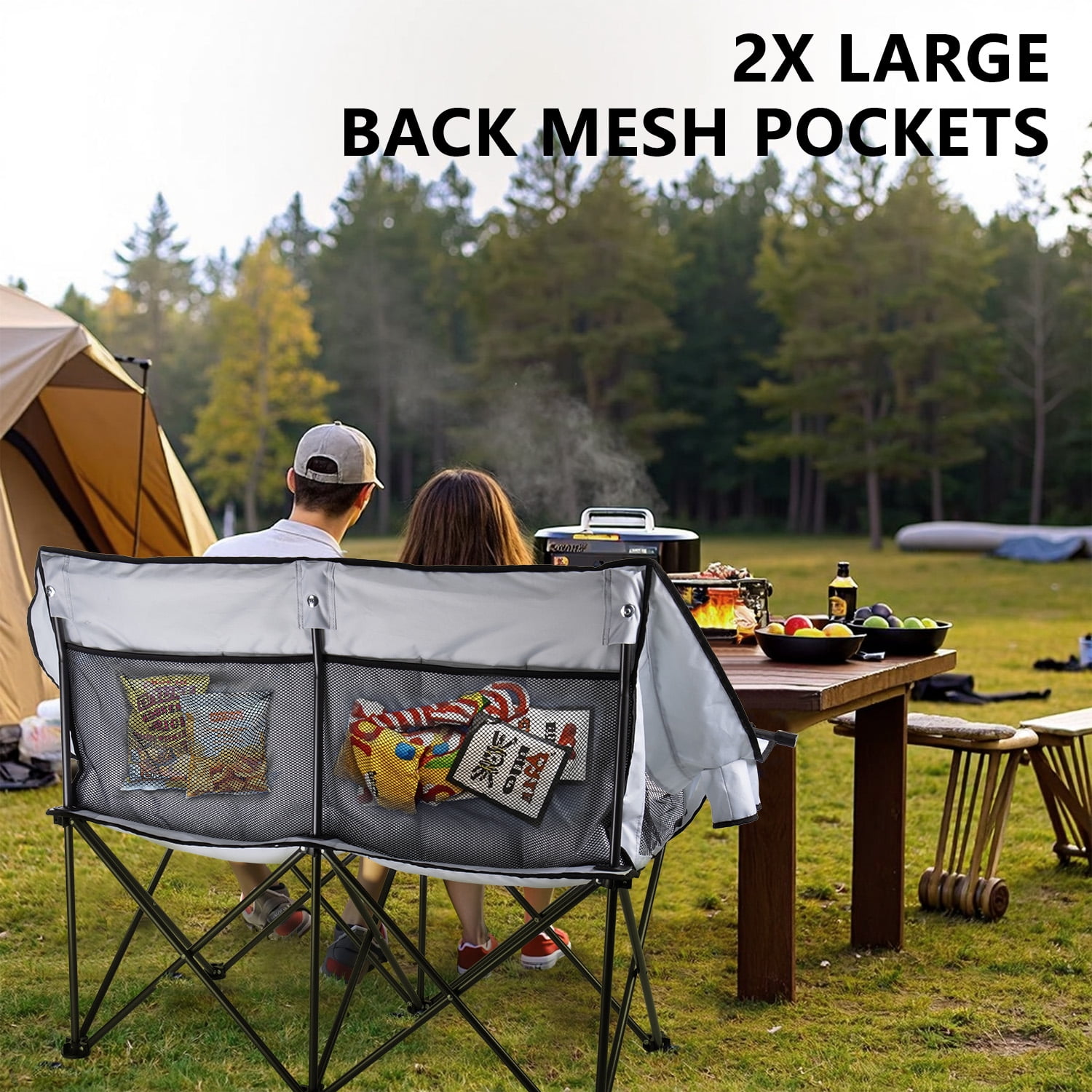 BOSSIN Double Oversized Camping Chairs for Adults,Folding Loveseat Camping Couch Support 600lbs with Back Pocket