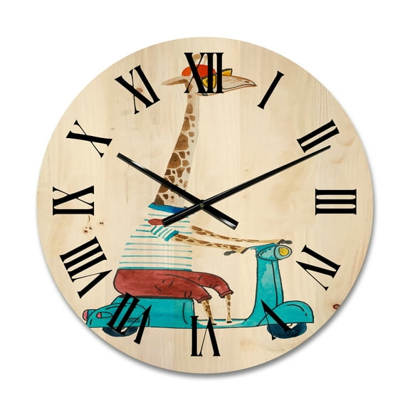Designart 'Giraffe Dressed Up Wearing Helmet & Riding Blue Scooter' Children's Art Wood Wall Clock
