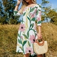 thumbnail image 4 of Pink Flowers White Background Floral Design Women's 3/4 Sleeve Dresses Elegant A-Line Midi Dress Flare Summer Casual Sundress, 4 of 9