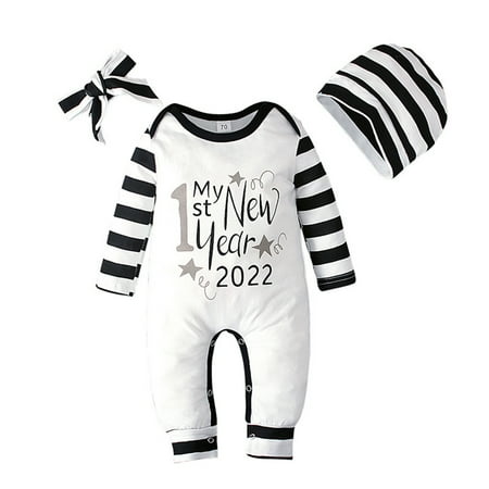 

Qcmgmg Infant Letter Print Cotton with Headband Spring Summer Full 6M-24M Striped Long Sleeve Romper