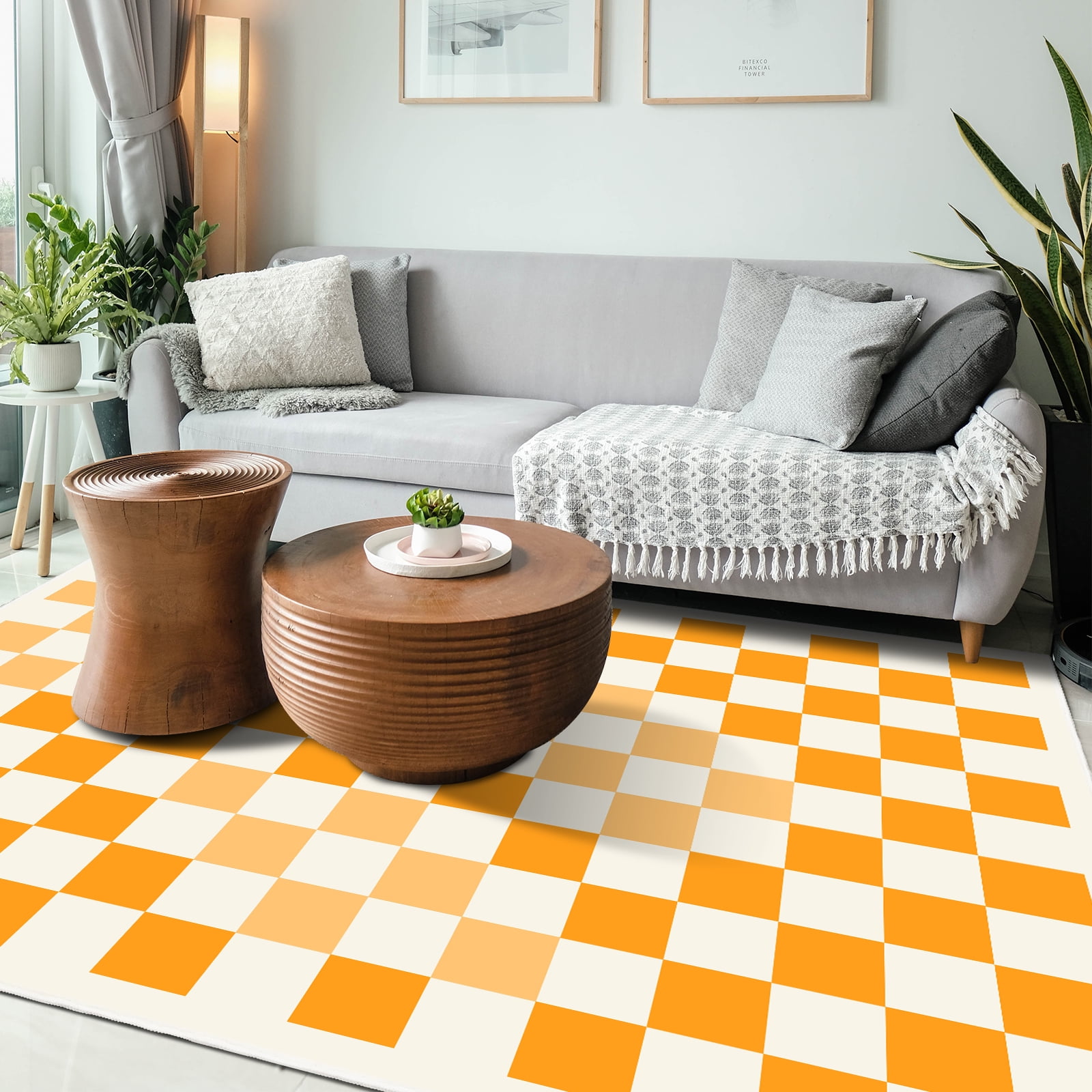 Area Rugs for Bedroom Living Room, 5' x 6.6' Ft Checkered Rug Retro Checkerboard Moroccan Rug Lightweight Outdoor Washable Carpet Rustic Decor for Living Room Bedroom Kitchen Patio(Orange/Yellow)