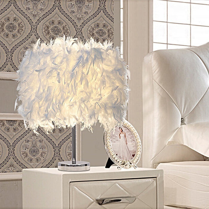 Feather Shade Table Lamp Metal Vintage Elegant Bedside Decor Desk Night Light 