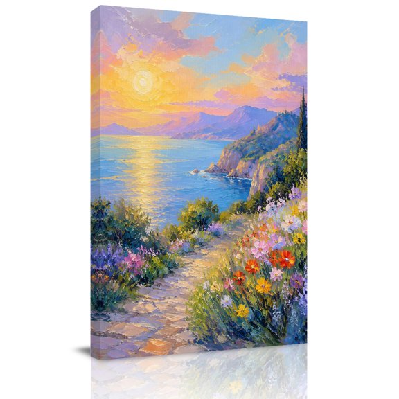 Canvas Wall Art, Sunset Framed Canvas Prints for Kitchen Bedroom, Colorful Wildflower Path Cottagecore Ocean Small Gallery Wrapped Wall Decor for Home Office, Gifts, 8"x12" Ship Next Day