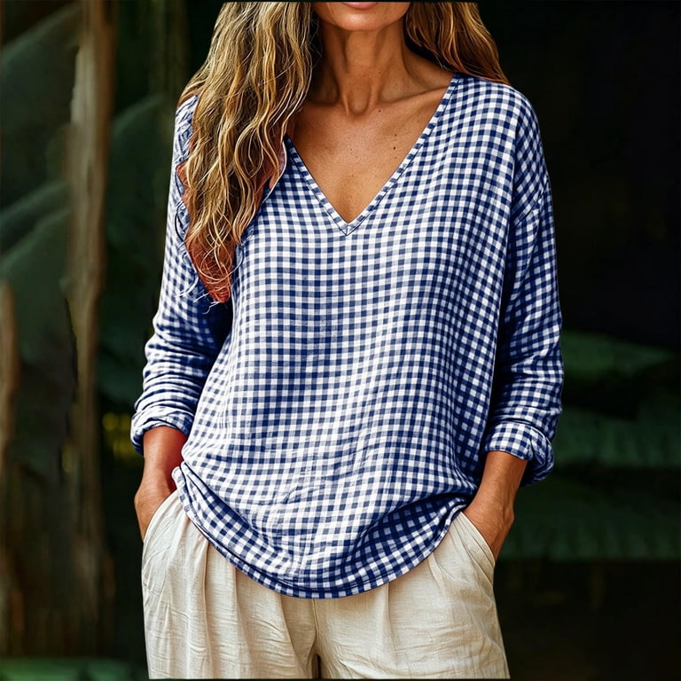 Women's Gingham Plaid Long Sleeve Tops V Neck Loose Fit Checkered