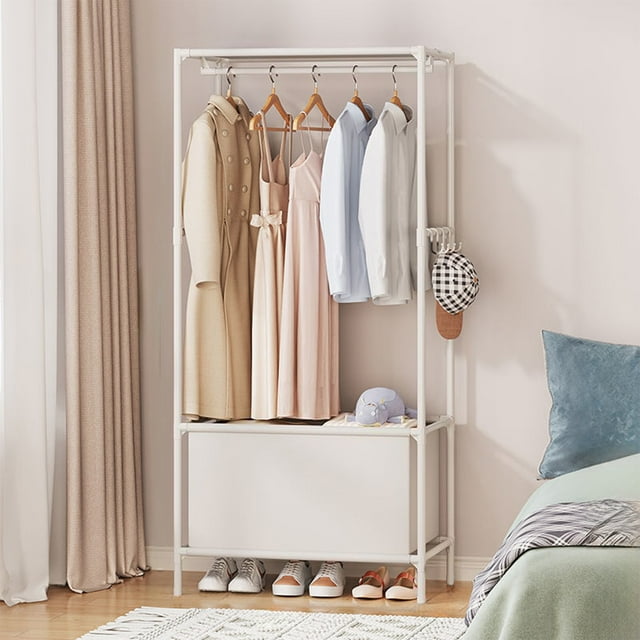 QTOCIO Portable Wardrobe Two Tier Freestanding Clothes Rack With Shelves And Hanging Rods Easy To Assembly Suitable For Bedroom Wardrobe