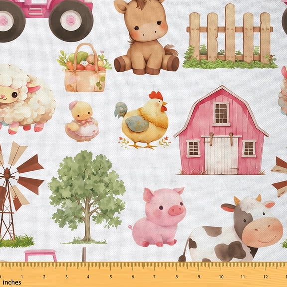 Castle Fairy Horse Pig Cow Fabric by the Yard 1 Yard,Rustic Cottage Home Decor Fabric by the Yard,Farmhouse Animal Room Decor Fabric by the Yard,Breathable Cartoon Home Decor