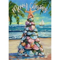 Merry Christmas Tree Beach Decorative Garden Flag, Xmas Coastal Starfish Shell Yard Outside Decorations, Nautical Winter Holiday Burlap Outdoor Small Home Decor Double Sided 12.5 x 18