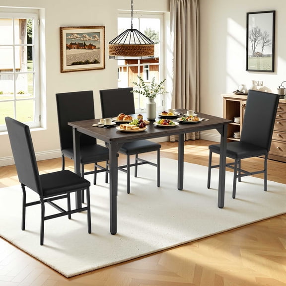 Modern Dining Table Set for 4, SYNGAR Faux Marble Table and PU Leather Upholstered Chairs Set, 5 Piece Kitchen Dining Set, Dining Table and Chairs Set for Small Space, Breakfast Nook, Black