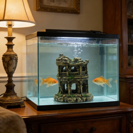OEFNTAC Roman Column Castle Resin Fish Tank Decoration Aquarium Hideout Cave Landscaping Ornament with Bright Flowers for Betta Siamese Fighting Fish Home Terrarium Living Room Bookshelf