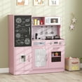 thumbnail image 2 of Gymax Play Kitchen Toy Set w/ Chalkboard Oven Sink Curtain Microwave Water Dispenser Pink, 2 of 10