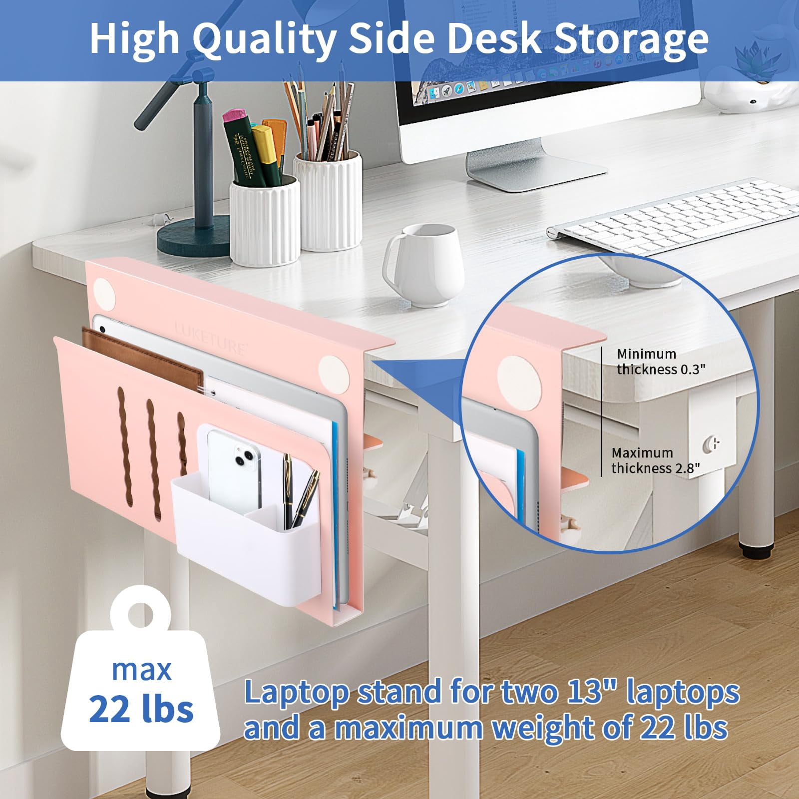 Desk Side Storage  Steel Organizer No Drill Workspace Organizers Clamp On Computer Accessories With Magnetic Pen Holder Fits Flat Edge Tables 0.3" To 2.8"