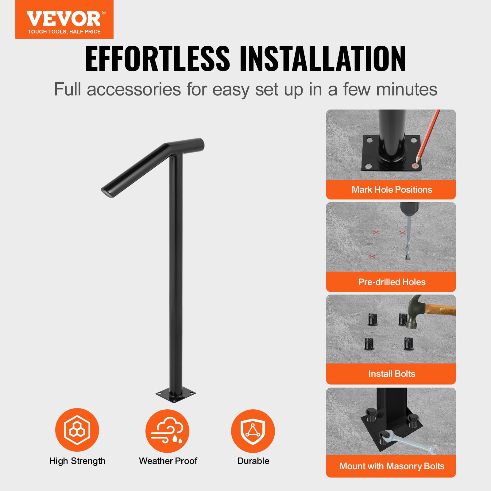 KFFKFF 2 Step Single Post Handrail Round Metal Stair Handrail Aluminum Material Stair Handrail with Installation Kit 18L x 38H Inch Step Stair Railing
