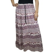 Mogul A-Line Maxi Skirt Purple White Printed Comfy Cotton Blend Bohemian Gypsy Hippie Chic Ethnic Long Skirts