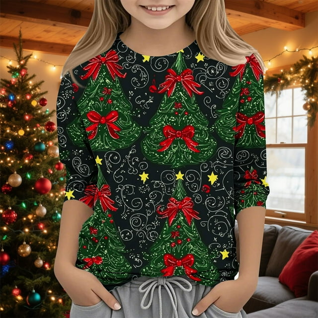 MKOSPLRT T-Shirts pour Enfants à Manches 3/4, Col Rond, T-Shirts Graphiques Arbre de Noël, T-Shirts Décontractés pour Fête de Noël, pour Fille Garçon 3-12 Ans