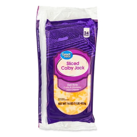 Great Value Colby Jack Deli Style Sliced Cheese, 16 oz Package, 24 Slices