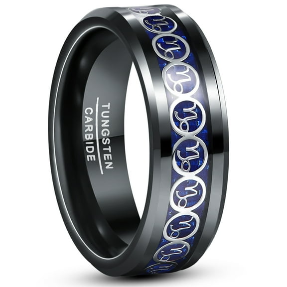8mm Men's Capricorn Tungsten Ring Black and Blue Wedding Band with Carbon Fiber Size 7-12