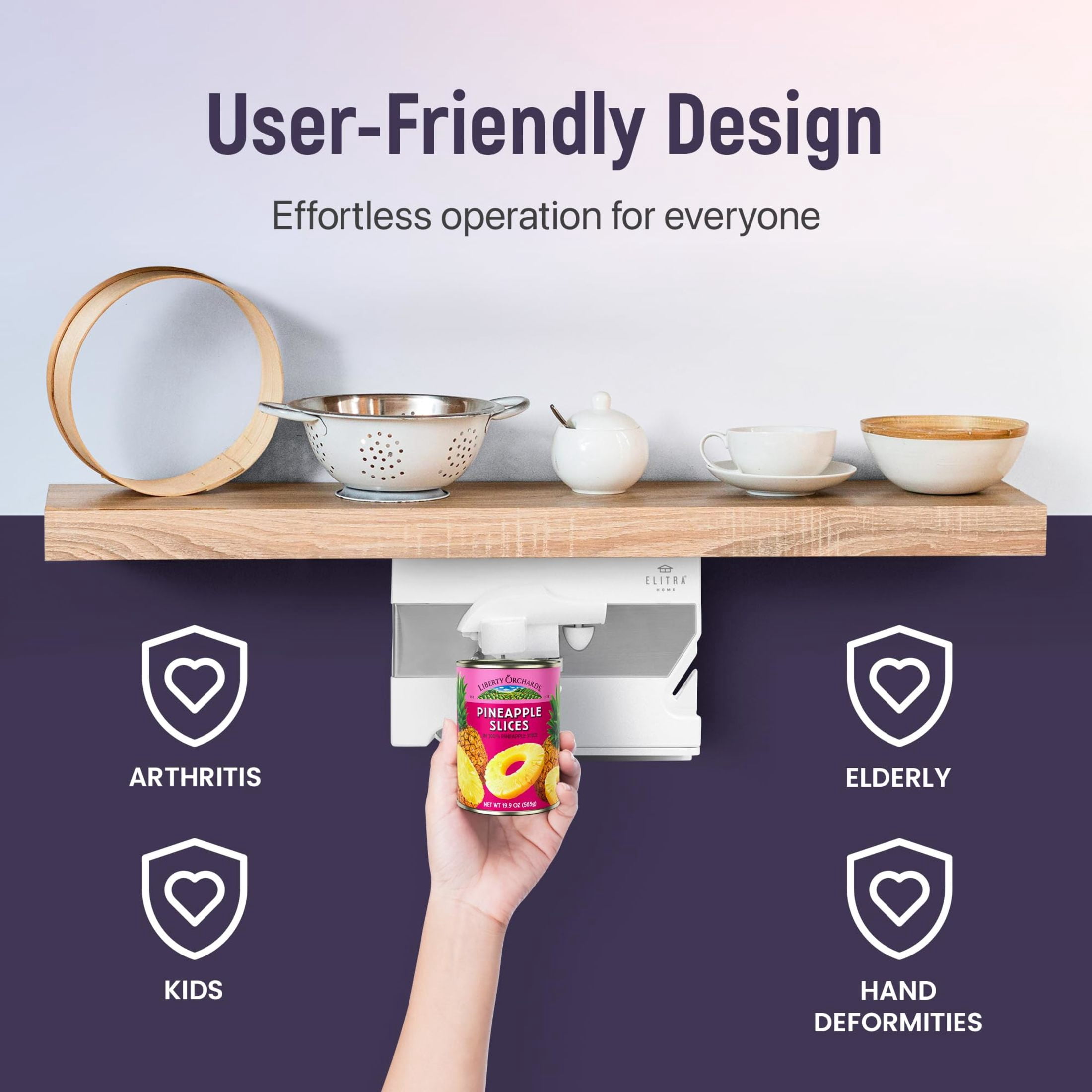 Elitra 4-in-1 Under the Cabinet Electric Can Opener - Space Saving Kitchen Appliance with Swing Grip, Magnetic Lid & Built-In Bottle & Jar Opener - Smooth Edge Can Opening Tool (White)