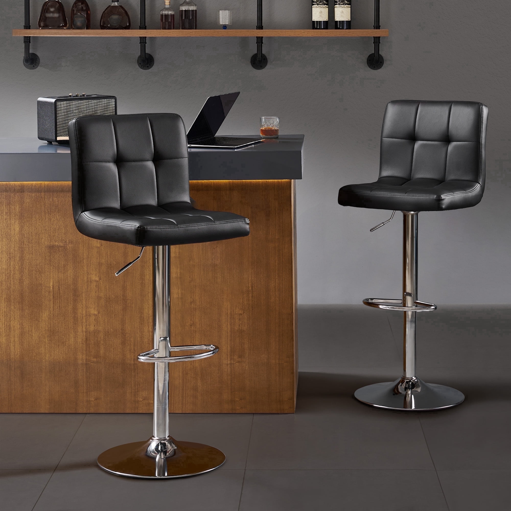 AUNEKIV Bar Stools Set of 2, Thickened Seat Cushion Square Swivel Bar Stools with Back, Adjustable Counter Height Bar Chairs for Kitchen Island, Dining Room,Black with Silver Base