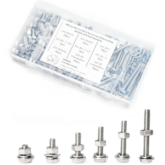 180 pcs SAE Stainless Steel Nuts and Bolts Assortment Kit, Including 6 Sizes 1/4-20 Hex Bolts,Flat Washers, Lock Washers. Packaged by Plastic Box, Made by 304 Stainless Steel