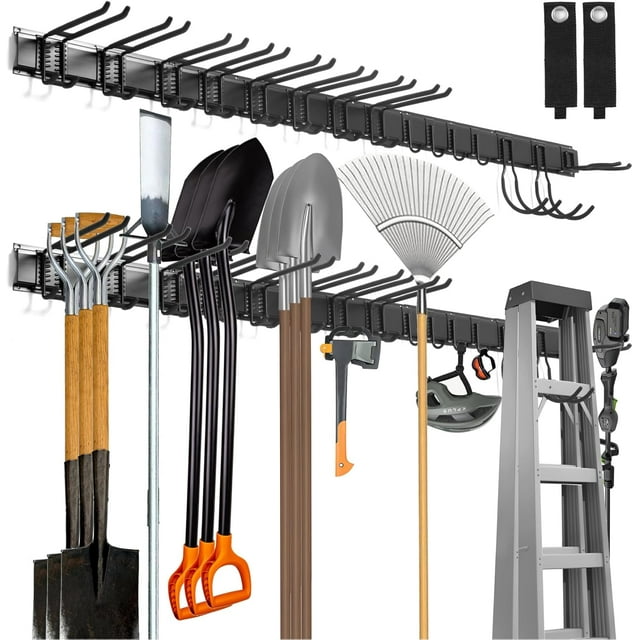 Tool Organizer Wall Mount Garage Storage Wall Organizer Garden Tool Storage Rack with PC fabric bag holder with Hooks with Straps use for Ski Gears Rake Shovel Yard Tool