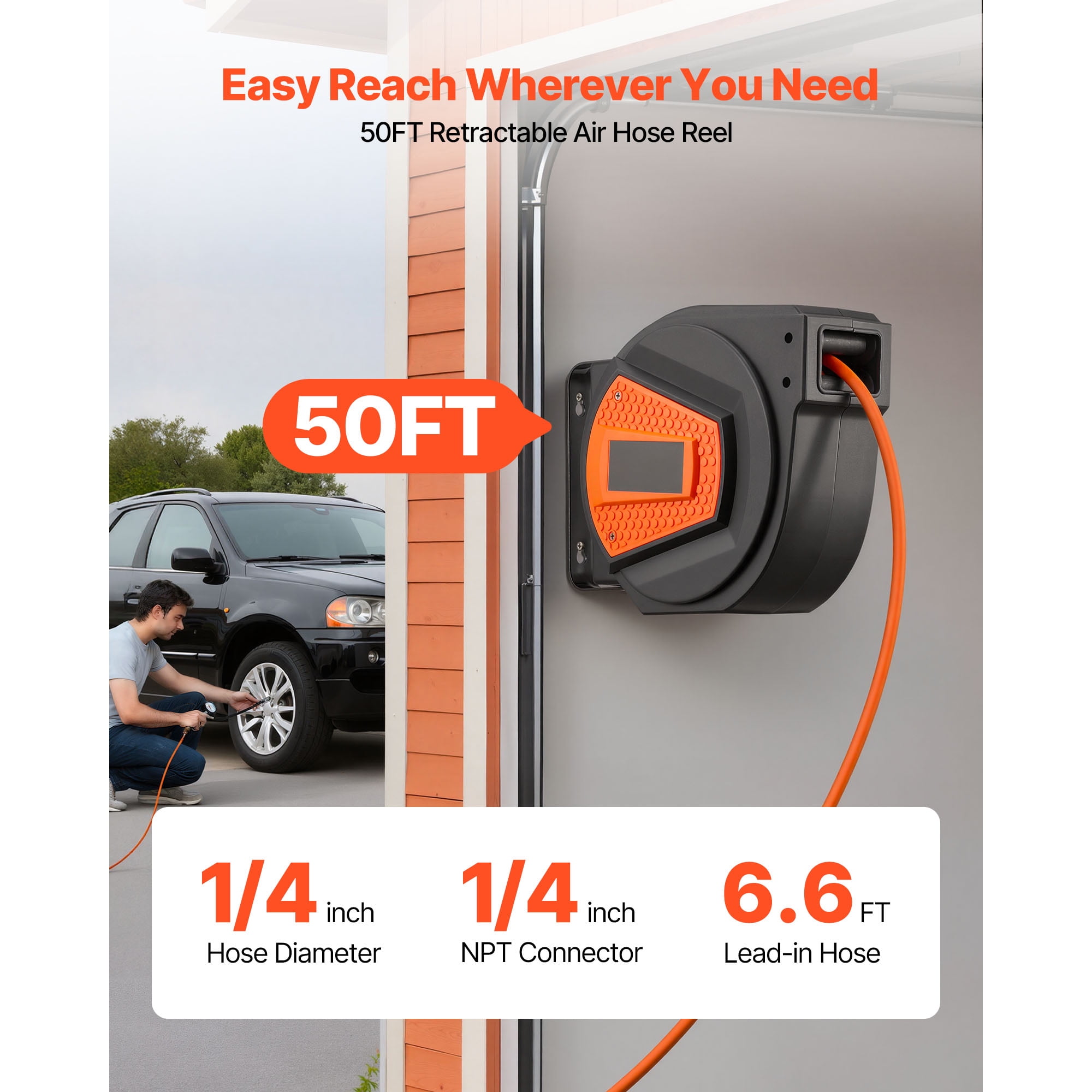 KFFKFF Retractable Air Hose Reel, 1/4 Inch x 50 FT Hybrid Hose, 300 PSI Max Pressure, Auto Rewind with 6.6 ft Lead-In Hose & Blow Gun, 180° Swivel Mount for Ceiling or Wall