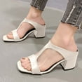 thumbnail image 3 of Xfvqtps Heel Sandals for Womens Slide Sandals Block Chunky Heel Peep Toe Side Cutout Leather Slide Sandals Beige, 3 of 8