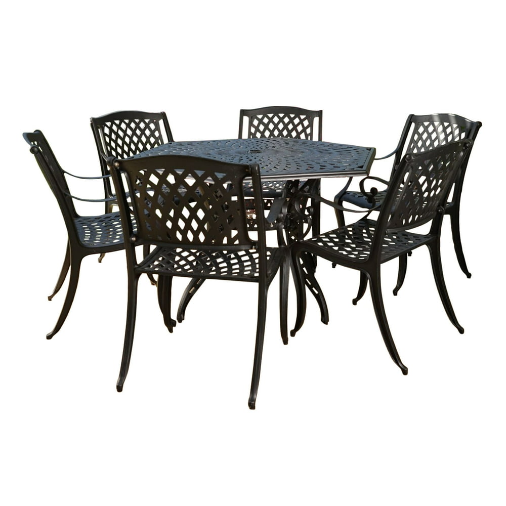 Dara Outdoor 6 Seater Cast Aluminum Dining Set, Antique Matte Black