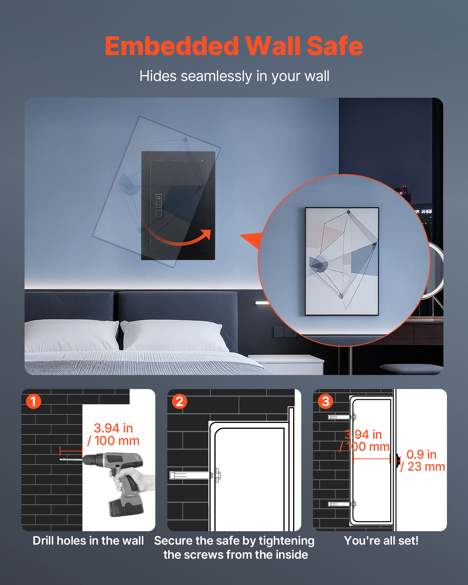 VEVOR Wall Safe, 3-Tier Hidden Wall Safe with Fingerprint, Password, Key & Turning Knob, Q235 Cold-Rolled Steel In-Wall Box with Adjustable Shelves & Key Holders for Money, Jewelry, Passport