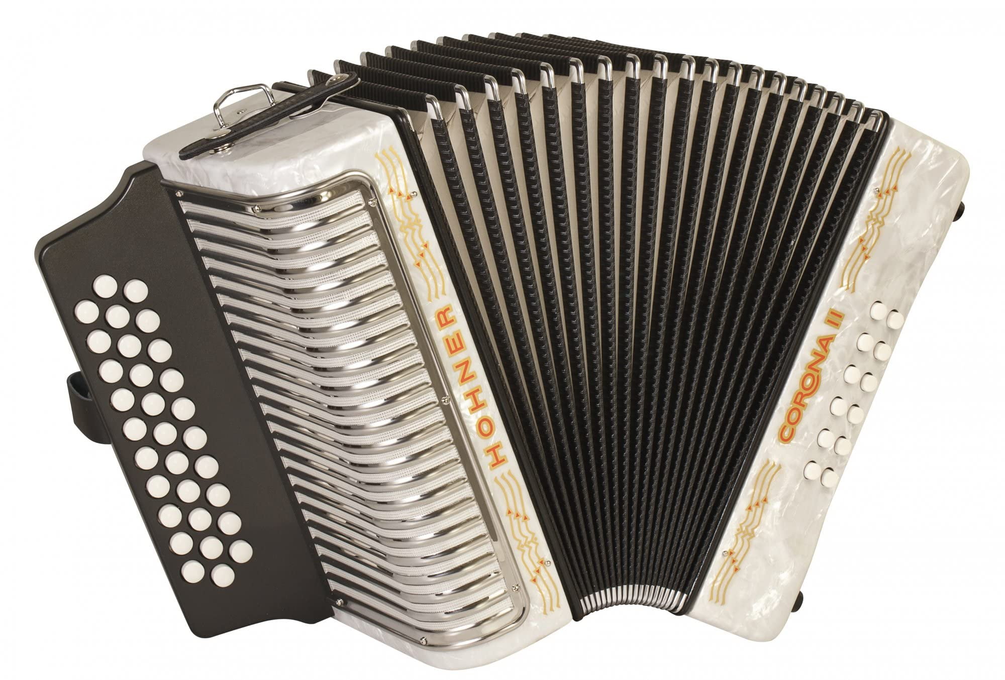 Hohner Corona II G/C/F Accordion - Pearl White Bundle with Case, Gig Bag, Straps, and Austin Bazaar Polishing Cloth