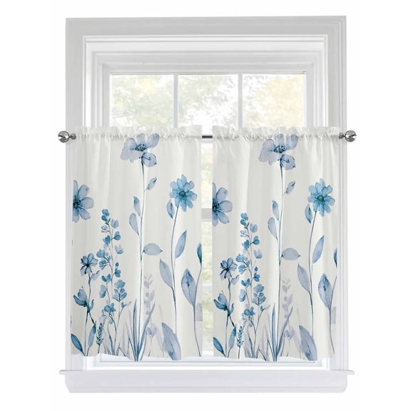 Blue Spring Floral Bathroom Window Curtain, Summer Flowers Botanical Elegant Light Filtering Coffee Kitchen Curtains, Bedroom Living Room Curtains 2 Panel 84"x45"