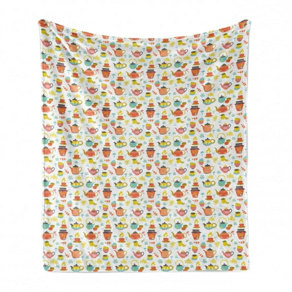 Tea Party Soft Flannel Fleece Throw Blanket, Kitchen Bakery Theme with Jam Teapot Coffee Mugs Flowers Leaves Illustration, Cozy Plush for Indoor and Outdoor Use, 50" x 70", Multicolor, by Ambesonne