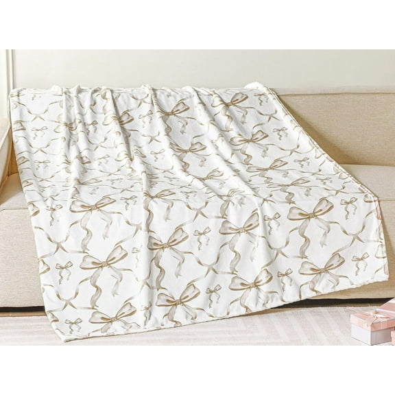 Buryeah Beige Bow Throw Blanket Preppy Blanket Coquette 50" x 60" Flannel Soft Cute Bow Decor Lightweight Aesthetic Plush Room Decor for Sofa Couch Travel Bed, Christmas