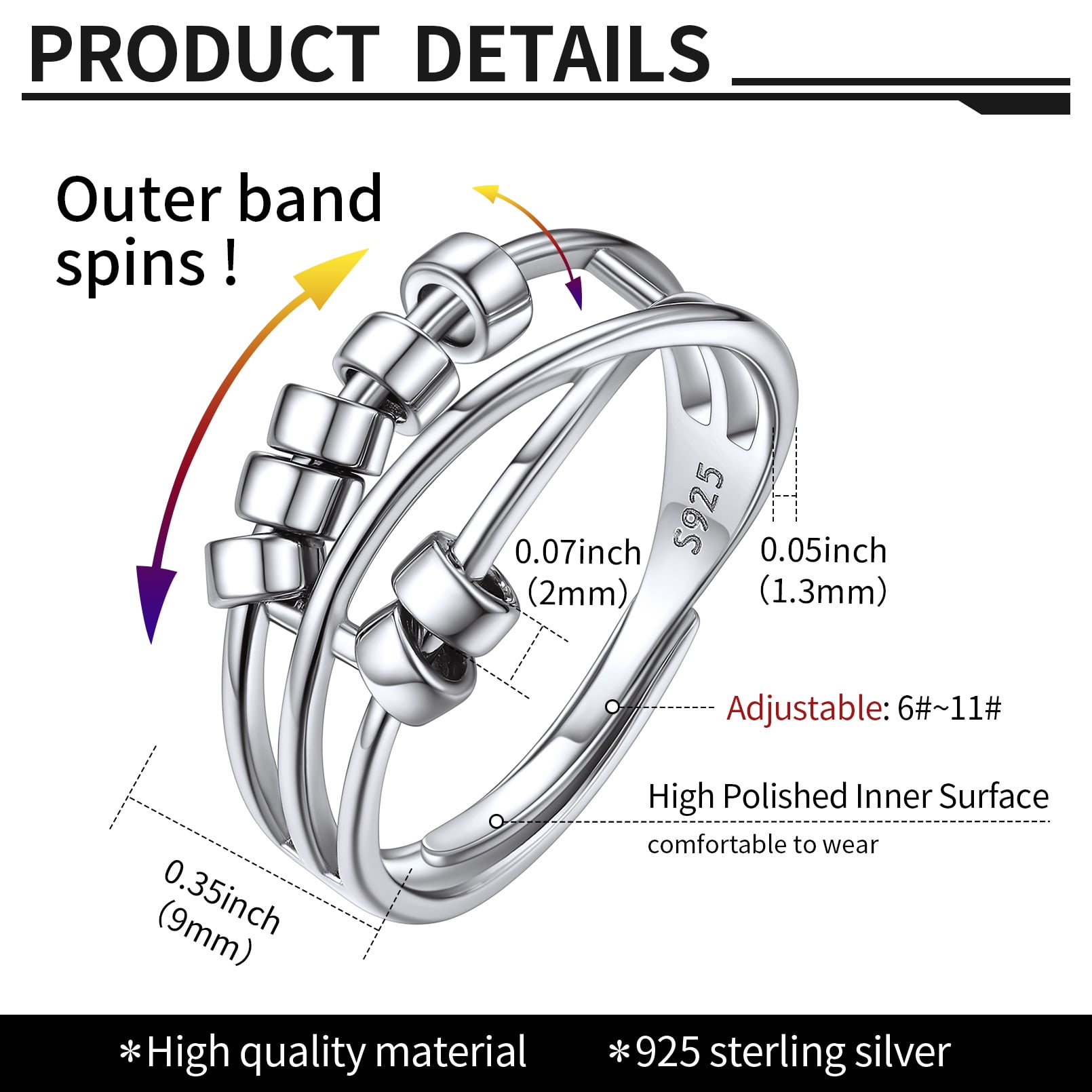 ChicSilver Ring for Women Adjustable Sterling Silver Fidget Anxiety Ring with Rotatable Polished Beads for Stress Relief