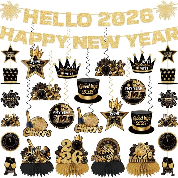 New Years Eve Party Supplies 2026, 20Pcs Black Gold Happy New Year Banner Set Include Glitter Hello 2026 Happy New Year Banner Hanging Swirls Honeycomb Centerpieces for New Years Decorations 2026
