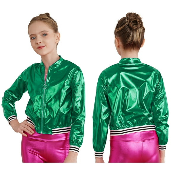 Riismen Kids Girls Metallic Bomber Jacket Coat Zip Up Outerwear Jazz Hip Hop Modern Dance Top Green 12