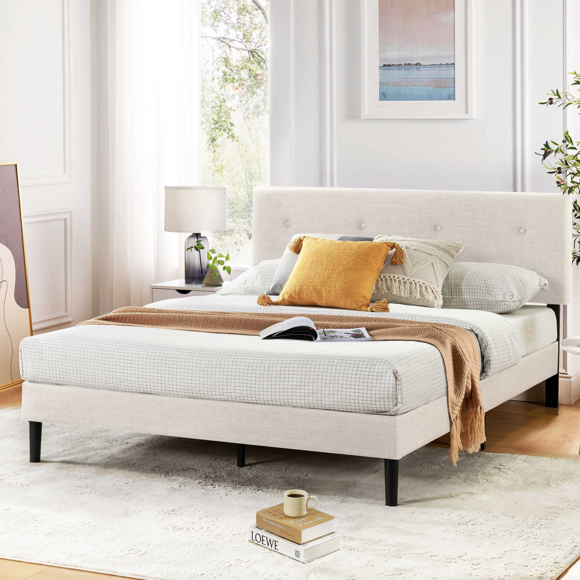 Mellow Alva Upholstered Platform Bed Frame with Headboard, Ivory, King