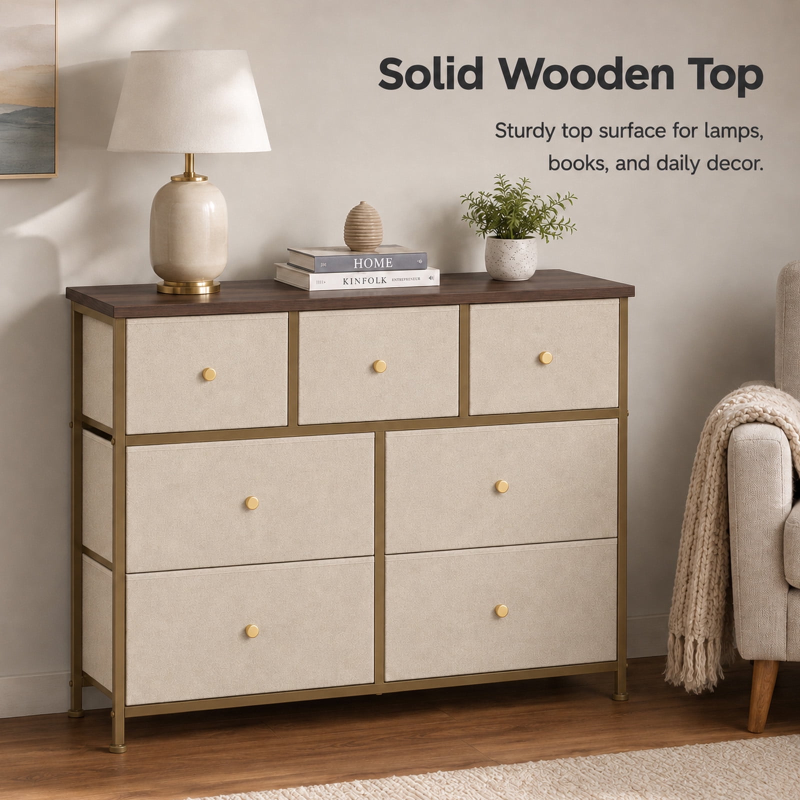 Alvantor 5/7 Drawer Fabric Dresser, Storage Tower for Bedroom and Closet, Chest of Drawers with Sturdy Steel Frame & Wooden Top for Living Room, Entryway