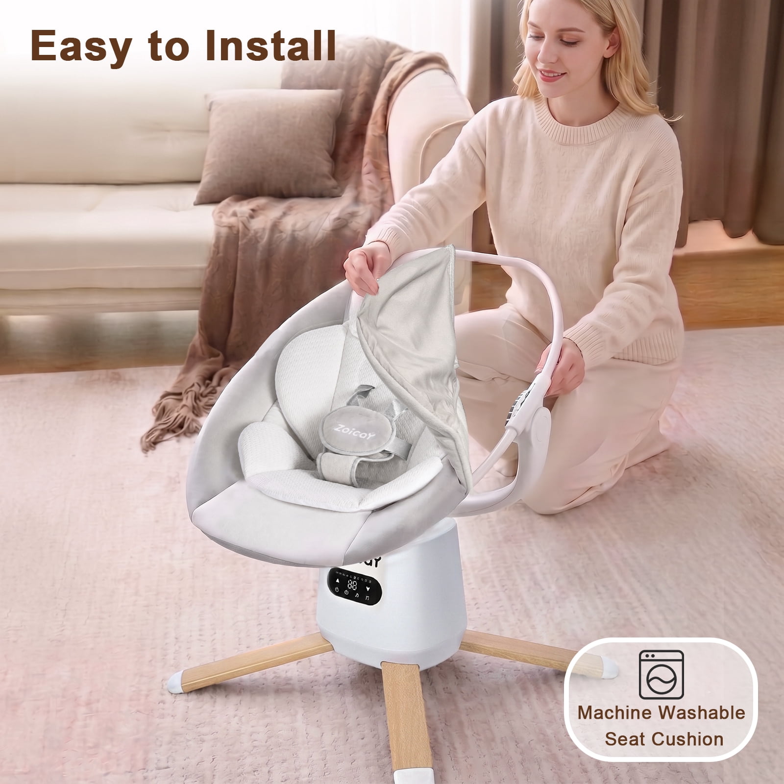 Zoicay Baby Swing, Infant Swing with 8 Motions & 8 Speeds, 360° Rotating Seat, Bluetooth Music & 6 Preset Melodies, APP Remote Control, White