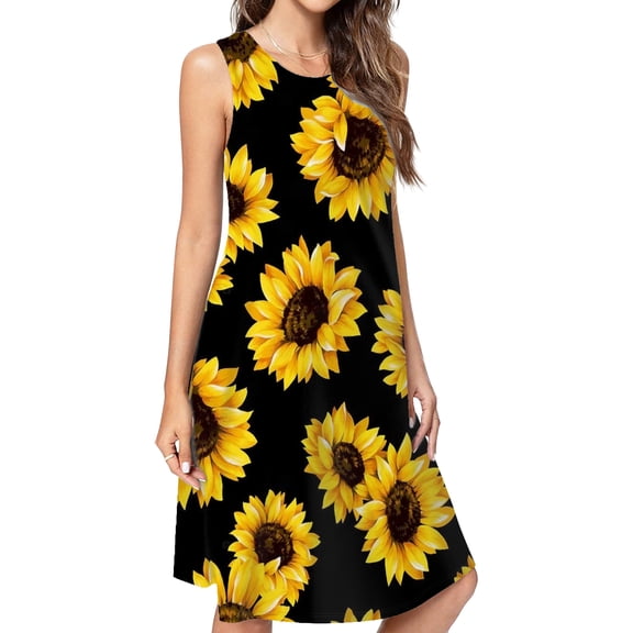 Sunflower Black Background Spring Summer Dresses For Women Fashion Dress Casual Sleeveless Loose Sundress With Pockets
