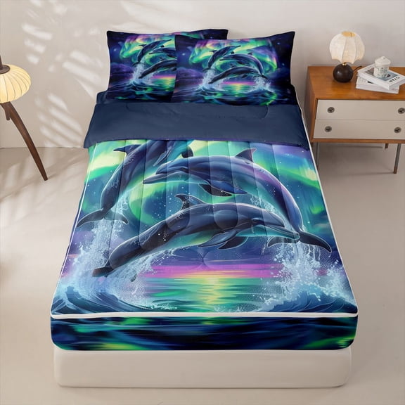 Manfei Magical Aurora Dolphin Zipper Twin Comforter Sets with Fitted Sheet and 2 Pillowcases for Kids Boys and Girls, Marine Fantasy Print Zipper Bedding Set, Navy Reversible, 4 Pieces