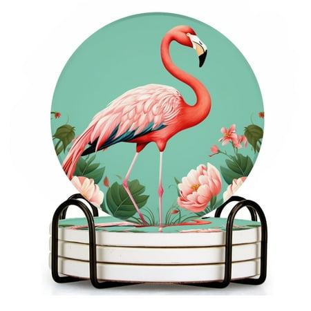 

BaHomeck Drink Coasters Set of 4 with Holder Beautiful pink flamingo in the style of Art Water Absorbent Ceramic Coasters Tabletop Protection Suitable for Various Cup Home Decor