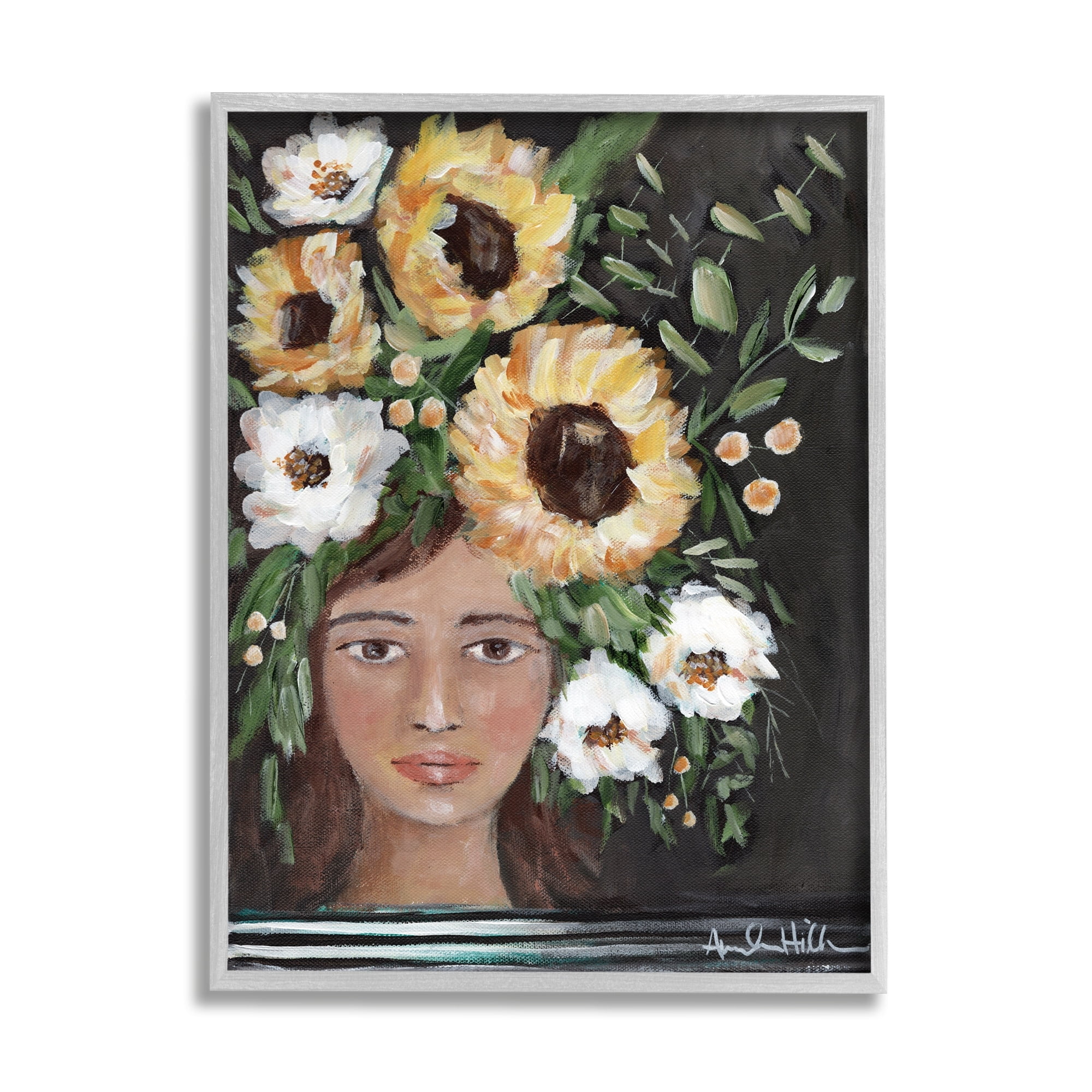 Stupell Industries Girl Wearing Flower Crown Yellow White Blossoms Painting Painting Gray Framed Art Print Wall Art, Design by Amanda Hilburn