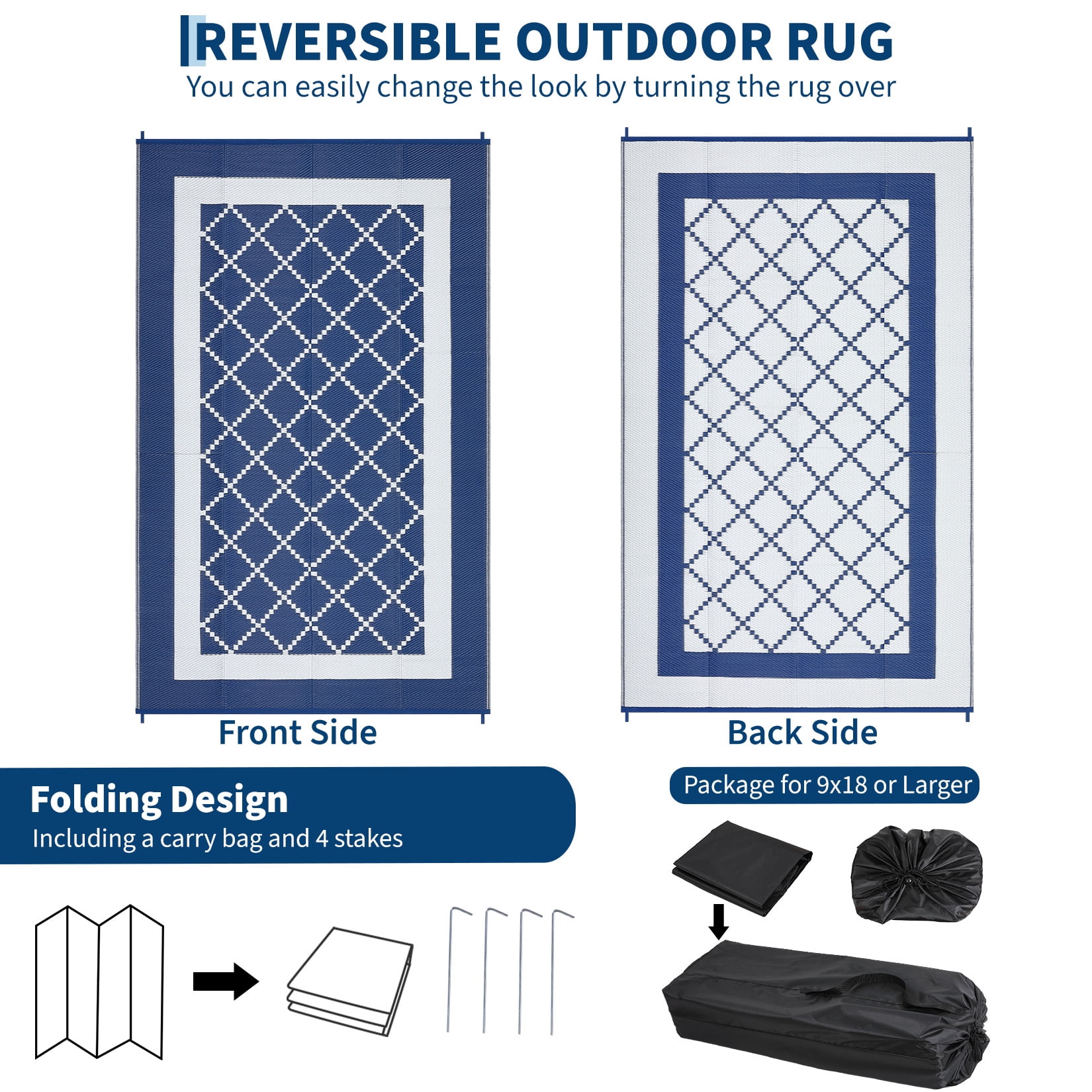 Hasoo 9' x 12' Blue/White Outdoor Rug for Patio Decor Waterproof Plastic Straw Modern Geometric Bordered Carpet PP Tube Woven Portable Camping Mat for Picnic Balcony