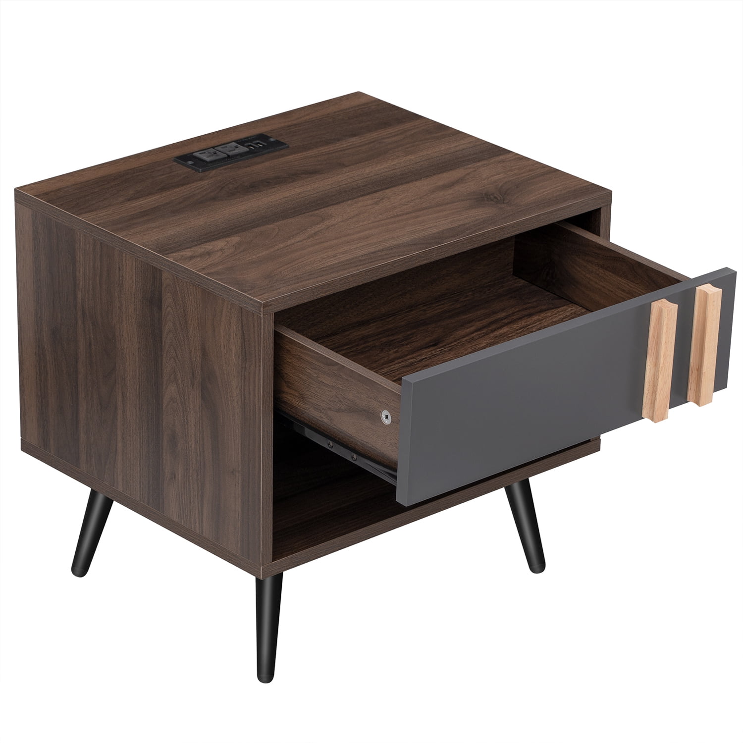 Kadyn Modern Wooden Nightstand, Storage Bedside Table with USB Ports, End Table for Living Room and Bedroom, Gray+Walnut